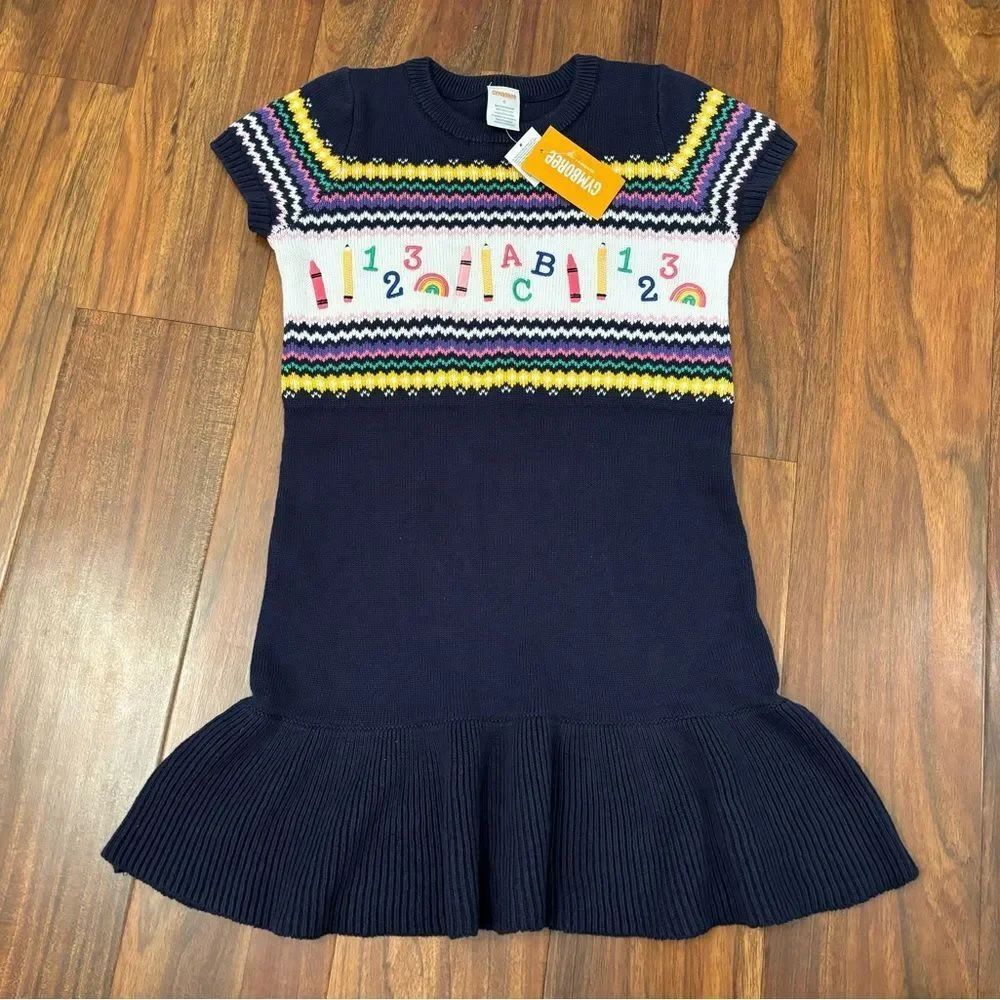 Gymboree Girls Intarsia School Supplies Peplum Short Sleeve Sweater Dress NWT